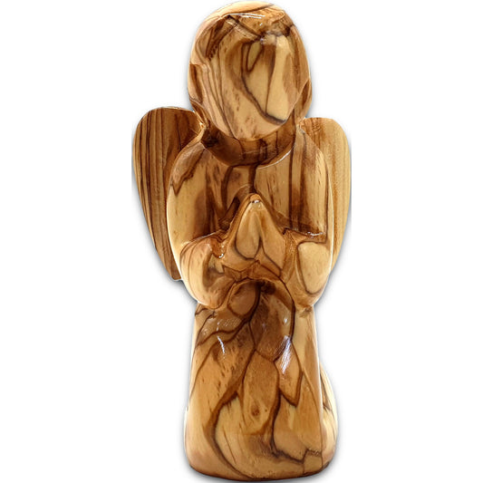Faceless olive wood angel hand carved in Bethlehem, Holy Land, showcasing unique natural grain and spiritual open design.