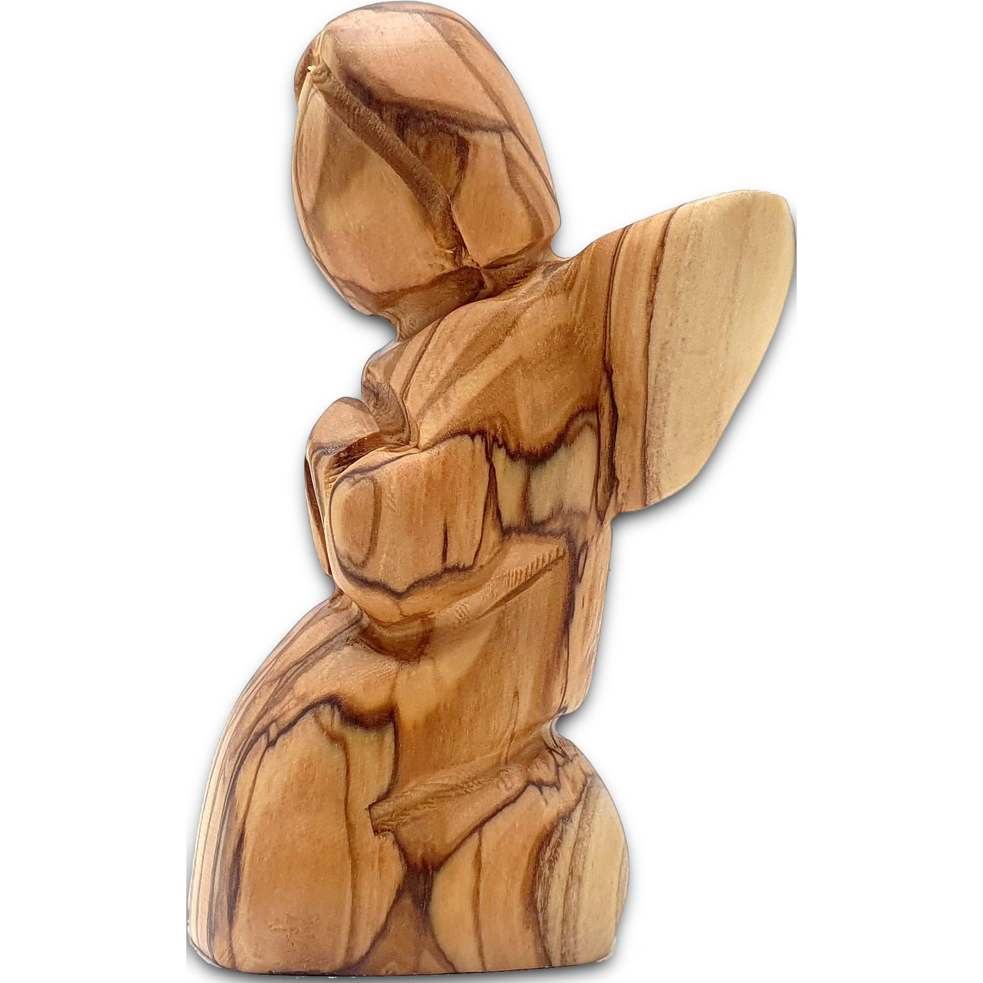 Handcrafted Bethlehem olive wood kneeling angel figurine showing natural grain patterns, made by local artisans in the Holy Land.
