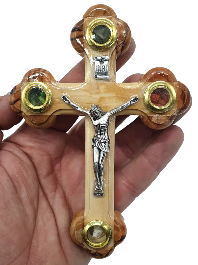 Budded wooden crucifix with 14 stations and holy land essences