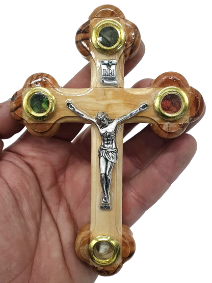 Budded wooden crucifix with 14 stations and holy land essences