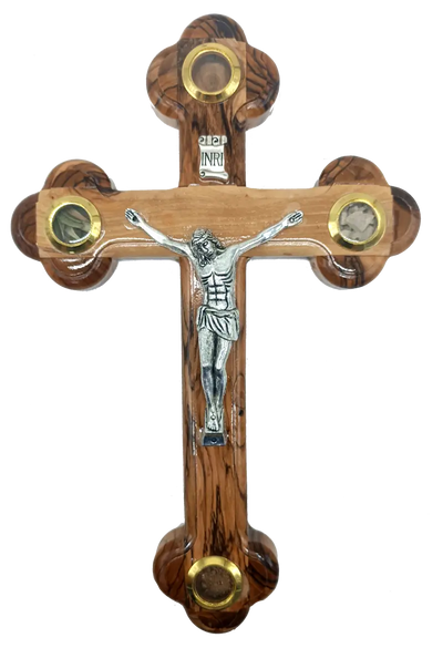 Budded wooden crucifix with 14 stations and holy land essences