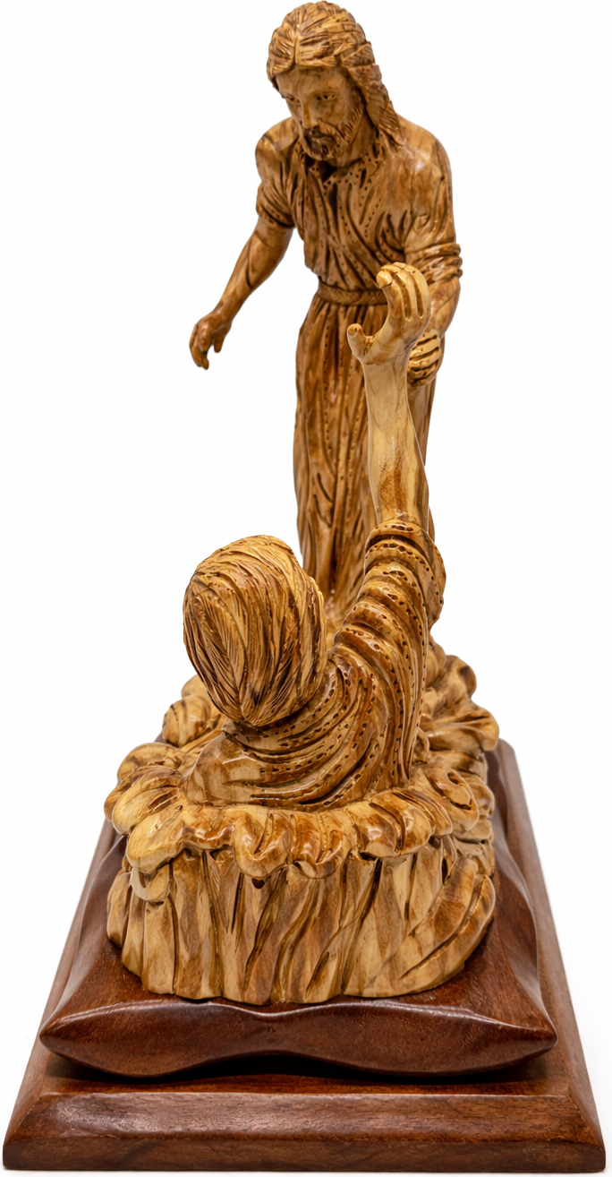 Hand Carved Olive Wood Jesus Saves Peter Statue | Handmade in Bethlehem, Holy Land — 14.8 Inch