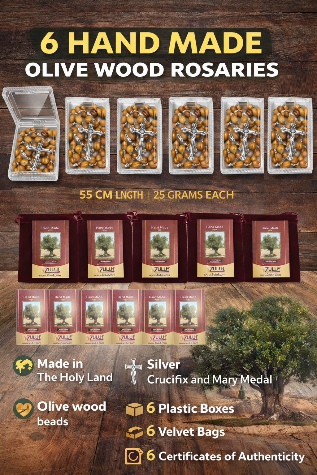Olive Wood Rosary Handmade in Bethlehem – 21.6” Catholic Rosary with Metal Crucifix – Includes Velvet Bag, Plastic Gift Box & Certificate – Available in 1, 3 or 6 Pieces