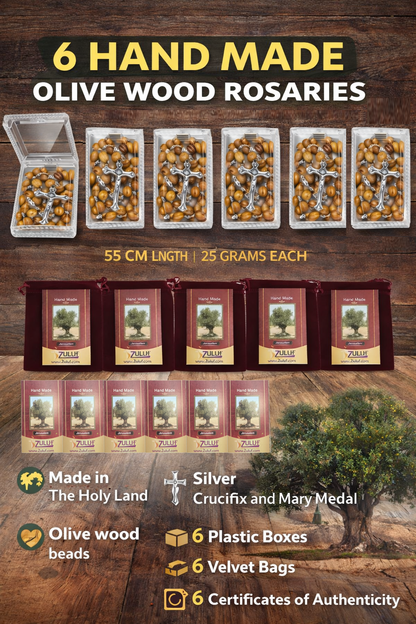 Olive Wood Rosary Handmade in Bethlehem – 21.6” Catholic Rosary with Metal Crucifix – Includes Velvet Bag, Plastic Gift Box & Certificate – Available in 1, 3 or 6 Pieces
