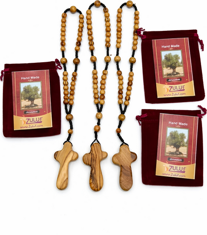 Olive Wood Rosary Handmade in Bethlehem – 11” Catholic Wooden Rosary with 33 Beads – Available as 1 Piece or Set of 3 – Includes Velvet Bag & Certificate – Holy Land Gift