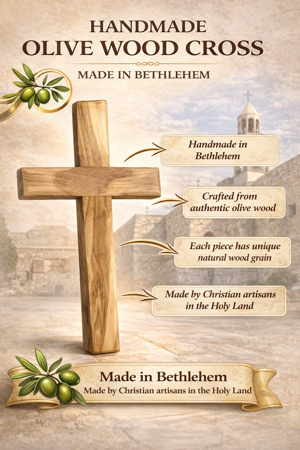 Handmade Olive Wood Cross Pendant Necklace for All Ages - Additional View 1