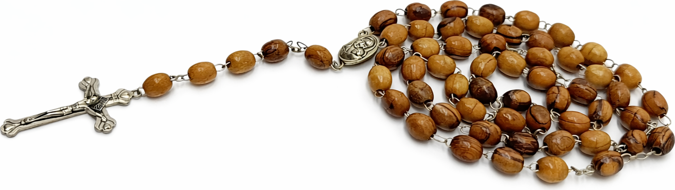 Olive Wood Rosary Beads with Olive Wood Prayer Box, Catholic Prayer Beads with Crucifix & Center Medal, Holy Land Style Gift for Prayer, Confirmation or First Communion, 51 cm Length, 25 g