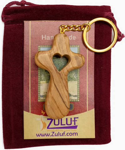 Handmade Olive Wood Cross with Heart from Bethlehem, Christian Pocket Prayer Cross Gift - Handmade in Bethlehem | Zuluf