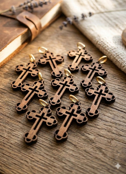 Elegant Wooden Cross Charm Pendant – 1.1" x 0.7" Intricate Laser-Cut Religious Accessory - Detail View