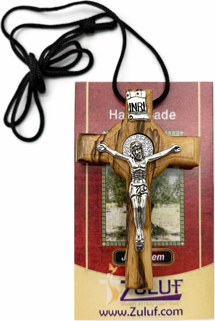 Handmade Olive Wood Saint Benedict Crucifix from Bethlehem – Catholic Cross with Cord, Velvet Bag and Certificate, 7.5 x 4.8 x 1.6 cm, 20g 3.0 Inches