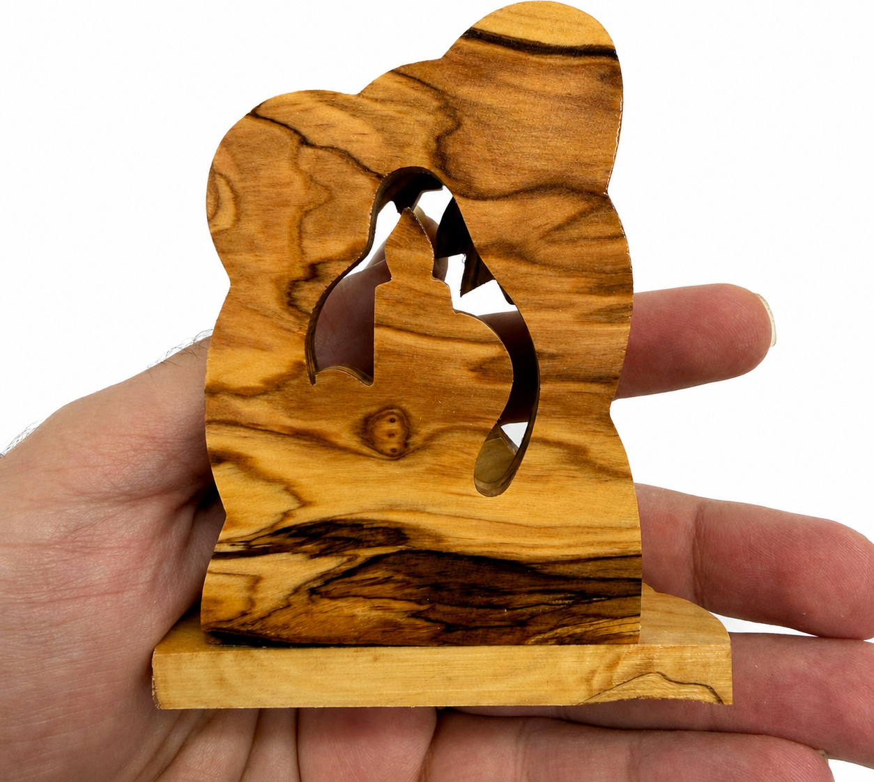 Candle Nativity back view showing the carved reverse side, olive wood from Bethlehem