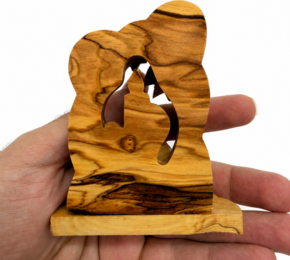 Candle Nativity back view showing the carved reverse side, olive wood from Bethlehem