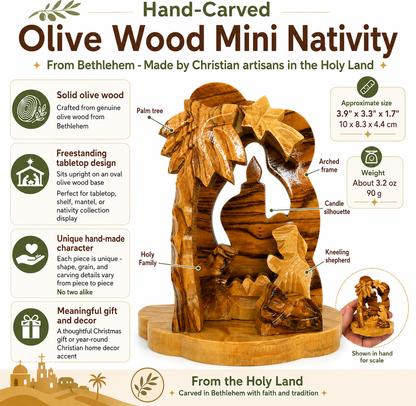 Candle Nativity features, size, and weight infographic, hand carved olive wood nativity from Bethlehem
