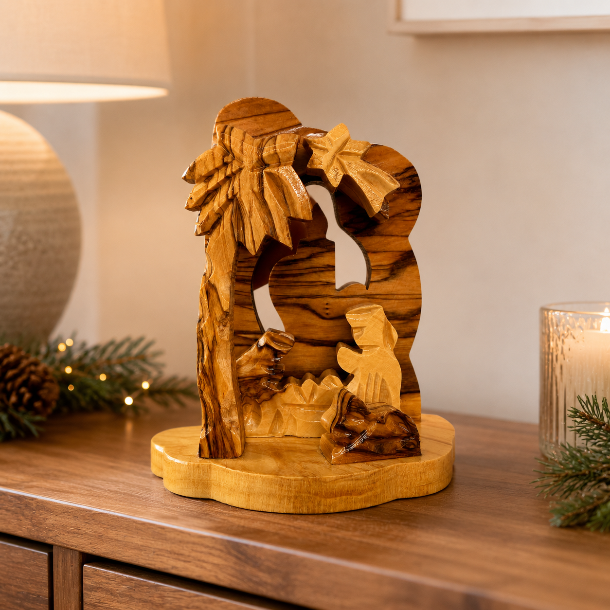 Candle Nativity lifestyle display photo, hand carved olive wood from Bethlehem (1)