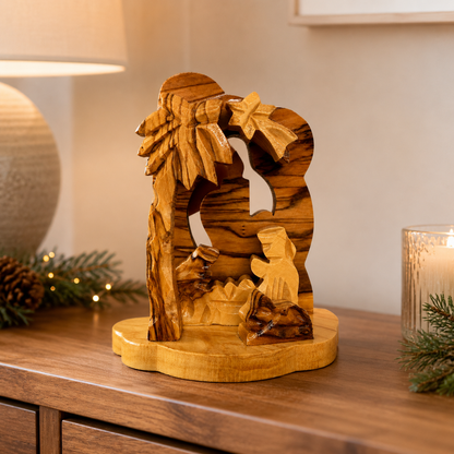 Candle Nativity lifestyle display photo, hand carved olive wood from Bethlehem (1)