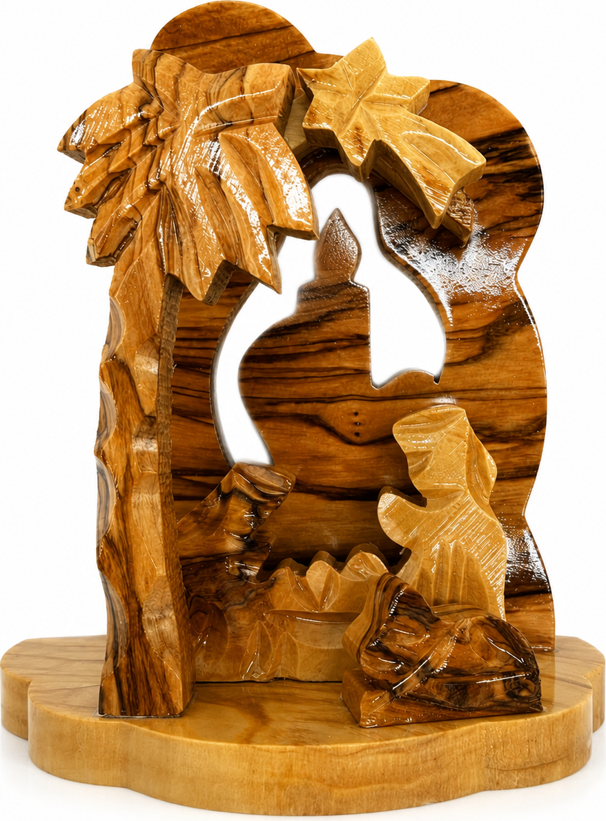 Hand Carved Candle Nativity Scene, Olive Wood Mini Nativity with Carved Candle from Bethlehem, hand carved olive wood from Bethlehem