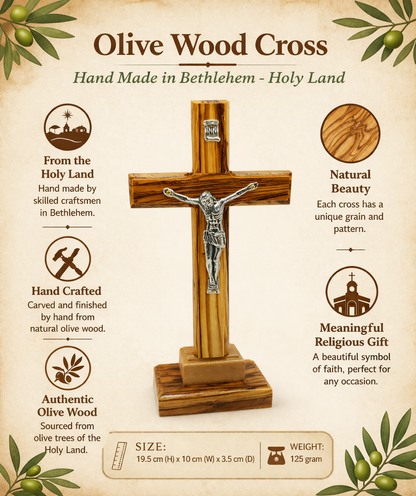 Handmade Olive Wood Crucifix from Bethlehem – Christian Cross with Metal Corpus & INRI – Holy Land Gift (4 Sizes)
