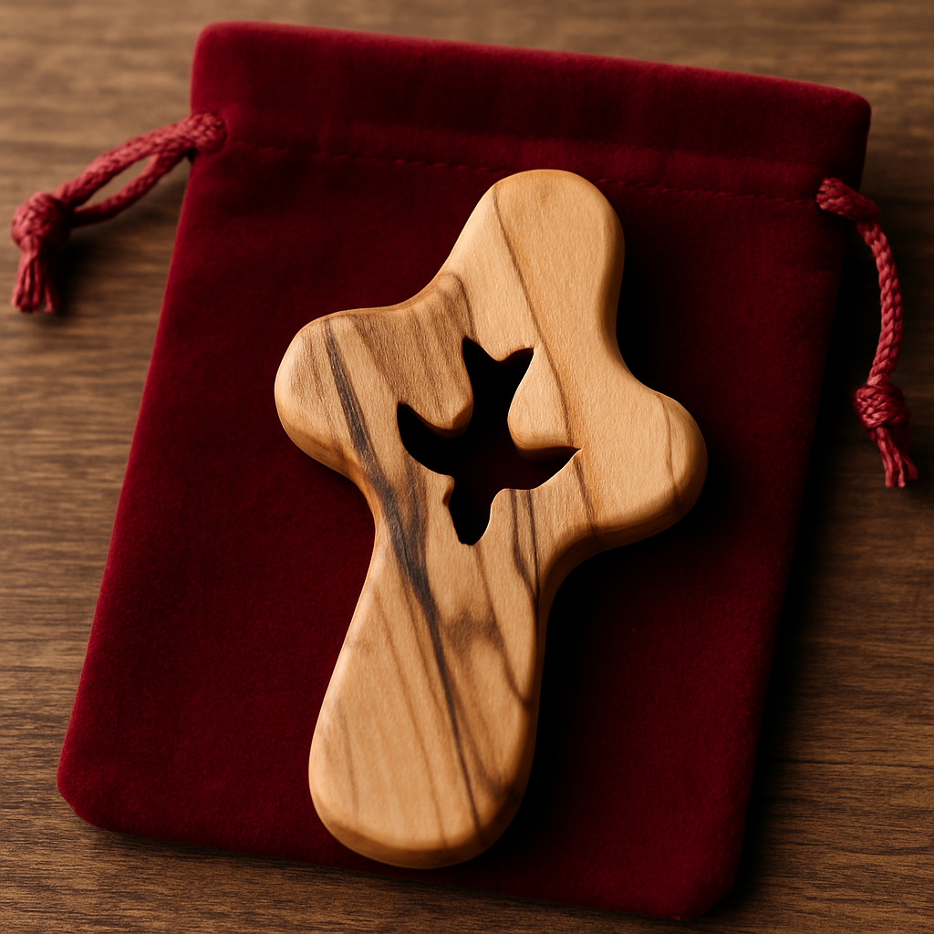 🕊️ Handcrafted Olive Wood Comfort Cross with Dove Cut-Out – Made in Bethlehem | Comes with Gift Bag & Certificate | Zuluf Holy Land Gift