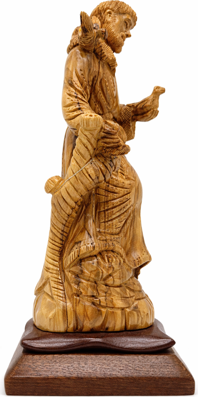 Hand Carved Olive Wood St. Francis of Assisi Statue | Handmade Bethlehem Holy Land Christian Sculpture — 13.1 Inch