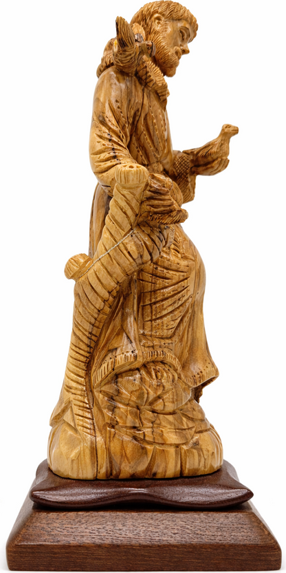 Hand Carved Olive Wood St. Francis of Assisi Statue | Handmade Bethlehem Holy Land Christian Sculpture — 13.1 Inch