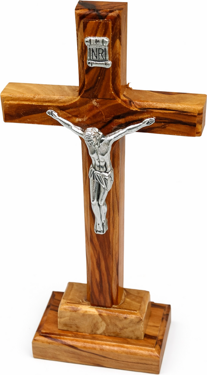 Handmade Olive Wood Crucifix from Bethlehem – Christian Cross with Metal Corpus & INRI – Holy Land Gift (4 Sizes)