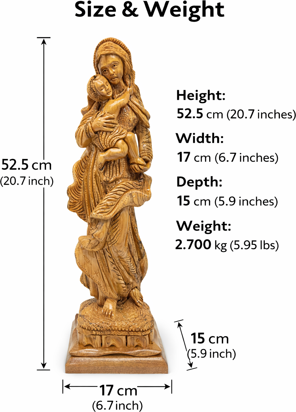 Hand Carved Olive Wood Virgin Mary & Baby Jesus Statue 20.7” | Handmade Holy Land Bethlehem Sculpture