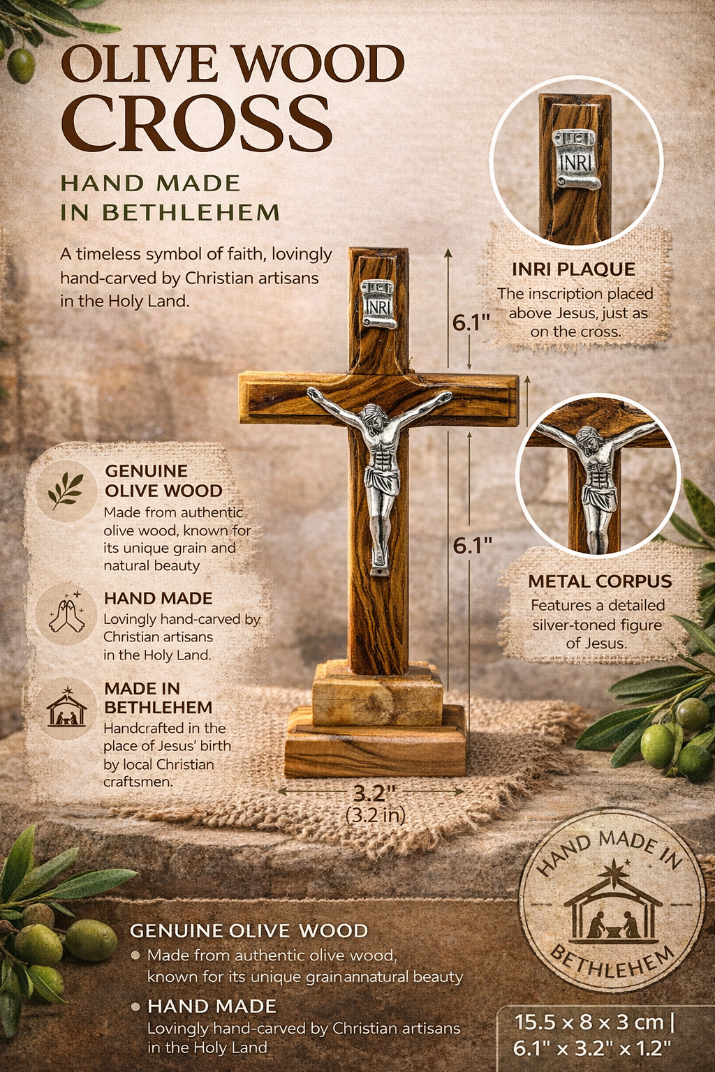 Handmade Olive Wood Crucifix from Bethlehem – Christian Cross with Metal Corpus & INRI – Holy Land Gift (4 Sizes)
