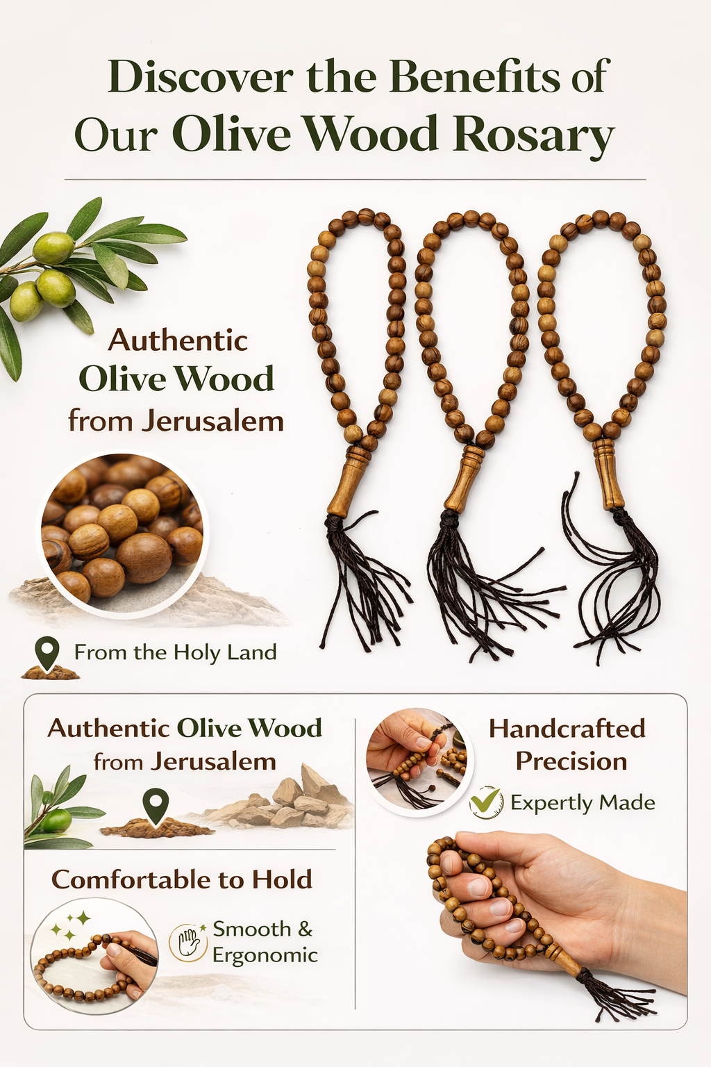 Olive Wood Prayer Beads 25 cm with Tassel, Handmade Wooden Worry Beads with Velvet Pouch, Smooth Round Beads for Prayer, Meditation & Daily Carry