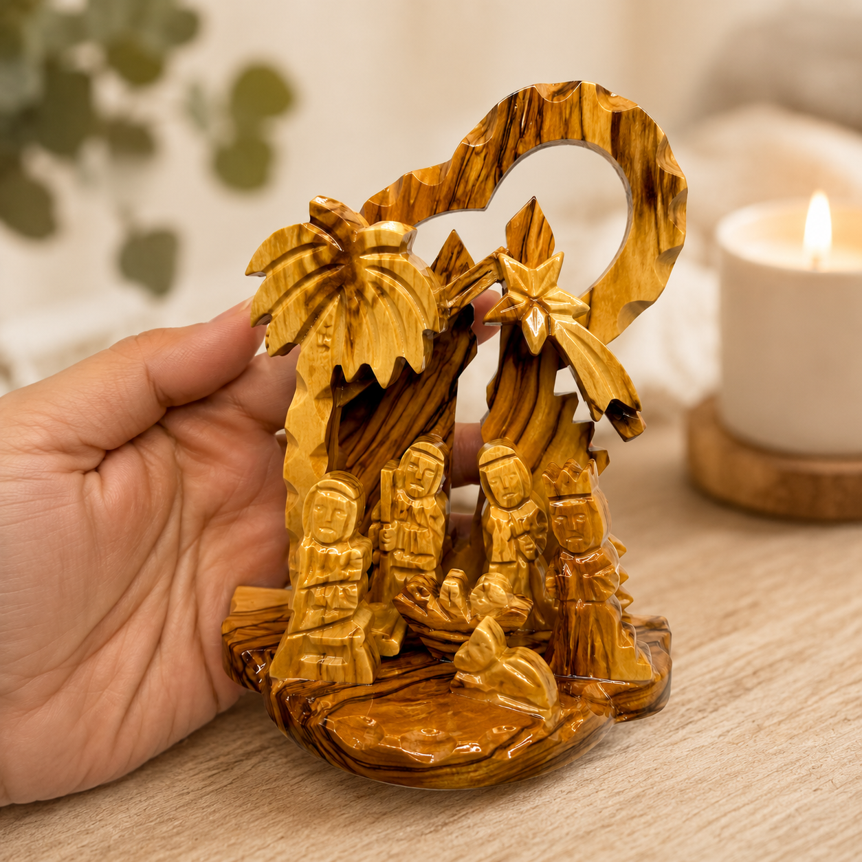 Christmas Keepsake displayed on a Christmas mantel, hand carved olive wood Bethlehem nativity