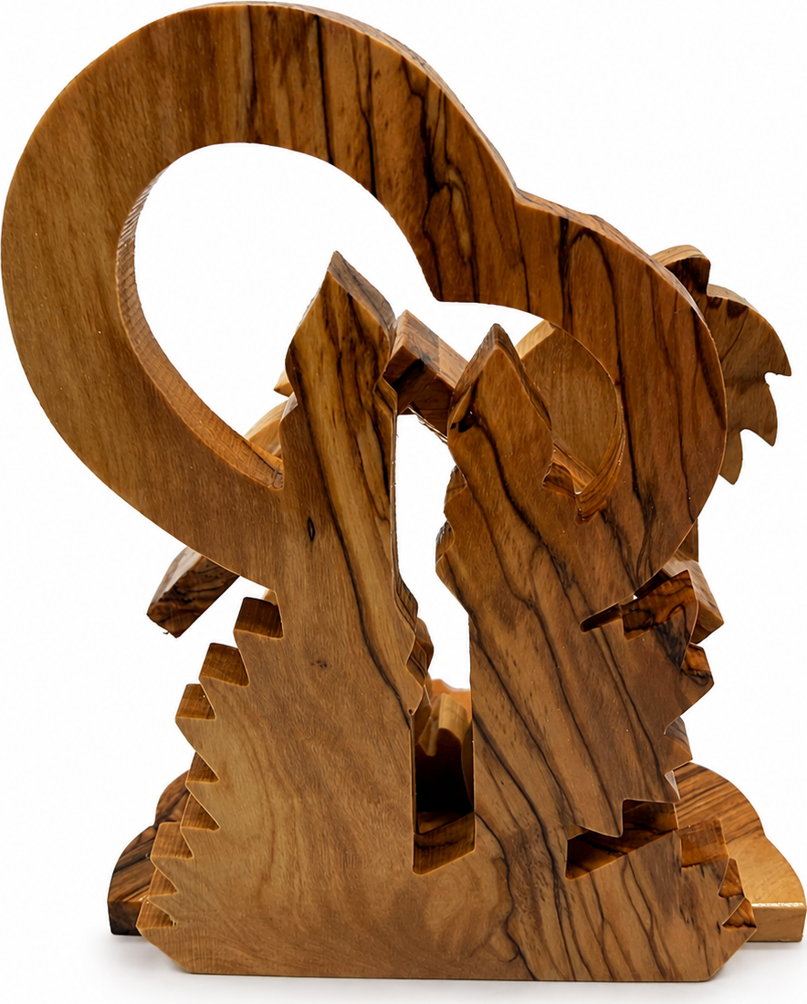 Christmas Keepsake displayed on a Christmas mantel, hand carved olive wood Bethlehem nativity