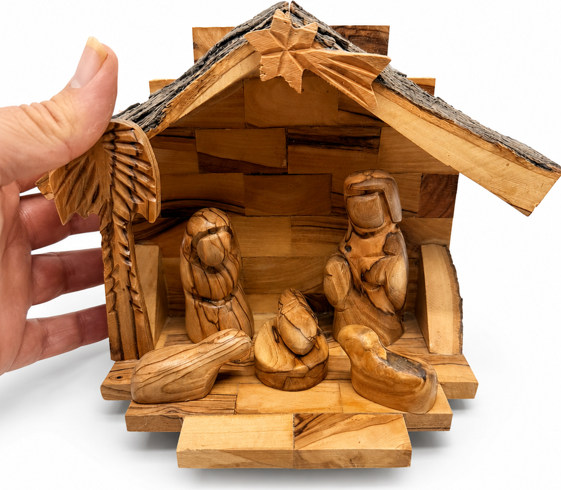 Christmas Mantel Decor displayed on a Christmas mantel, hand carved olive wood Bethlehem nativity