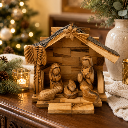 Christmas Mantel Decor displayed on a Christmas mantel, hand carved olive wood Bethlehem nativity