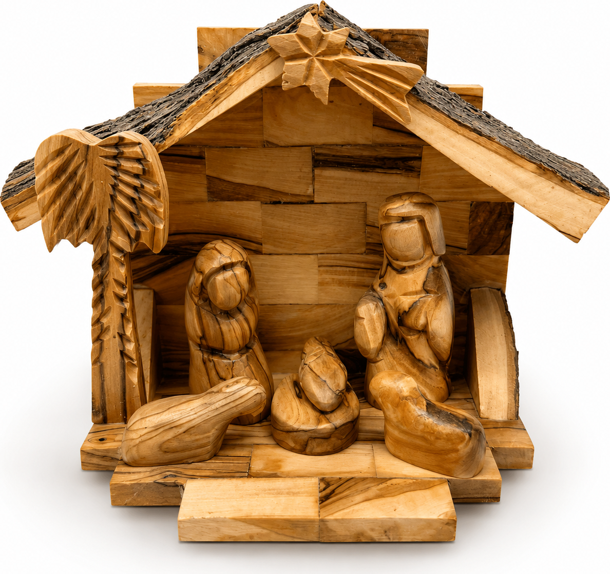 Handcrafted Christmas Mantel Decor, Rustic Olive Wood Nativity Stable with Bark Roof from Bethlehem, hand carved olive wood from Bethlehem