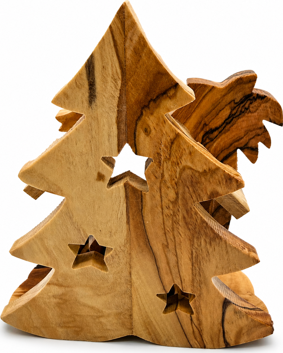 Christmas Tree Nativity displayed on a Christmas mantel, hand carved olive wood Bethlehem nativity
