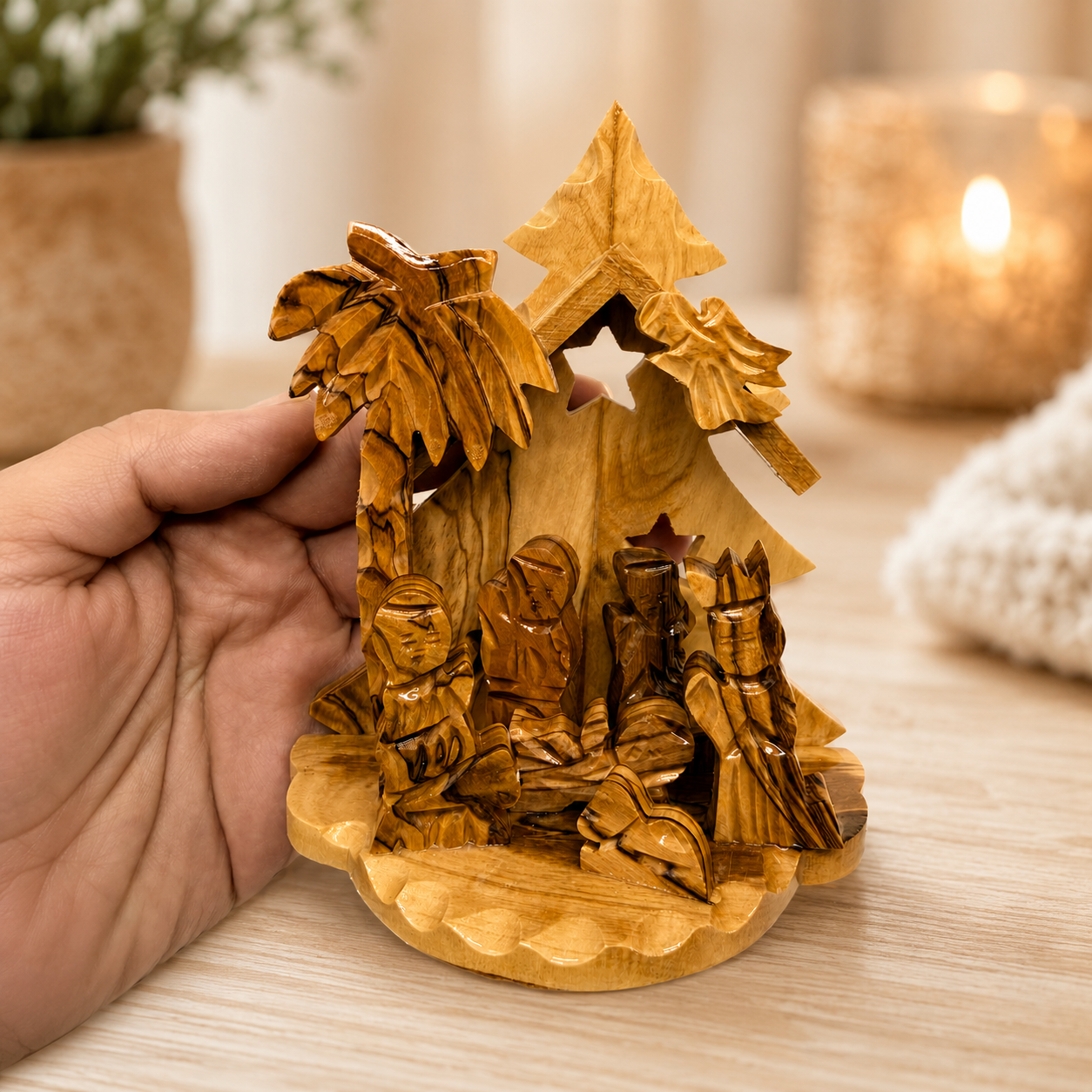 Christmas Tree Nativity displayed on a Christmas mantel, hand carved olive wood Bethlehem nativity