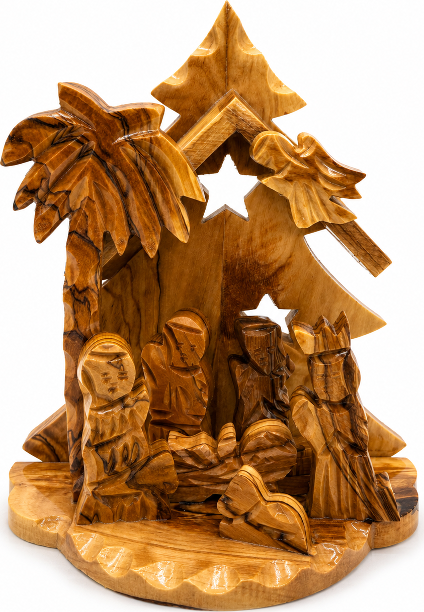 Handcrafted Christmas Tree Nativity, Olive Wood Holy Family Scene from Bethlehem, hand carved olive wood from Bethlehem
