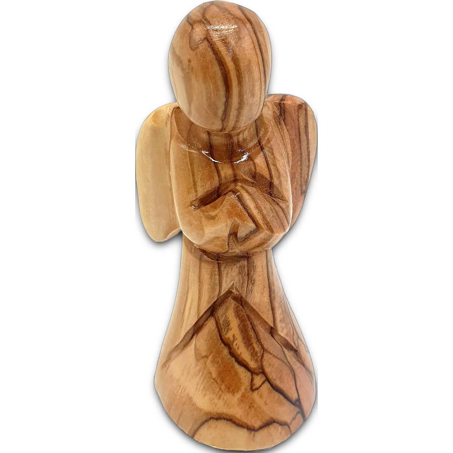 Comforting Angel Figurine hand-carved from genuine Holy Land olive wood by Bethlehem artisans, featuring a warm lacquer finish.