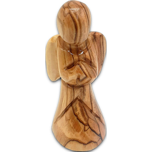 Comforting Angel Figurine hand-carved from genuine Holy Land olive wood by Bethlehem artisans, featuring a warm lacquer finish.