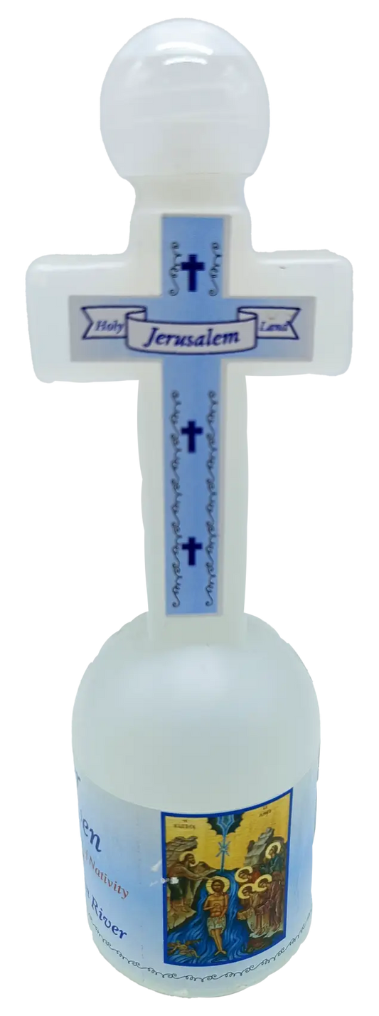 Cross-shaped holy water bottle from jordan river – 5.3’’ tall | 152g | land souvenir with jerusalem label