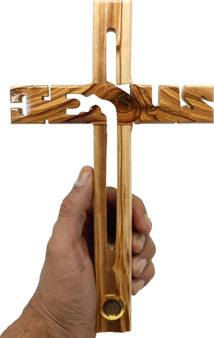 Hand made Olive Wood Jesus Cross with Capsule of Holy Land Earth - Main