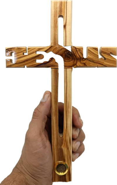 Hand made Olive Wood Jesus Cross with Capsule of Holy Land Earth - Main