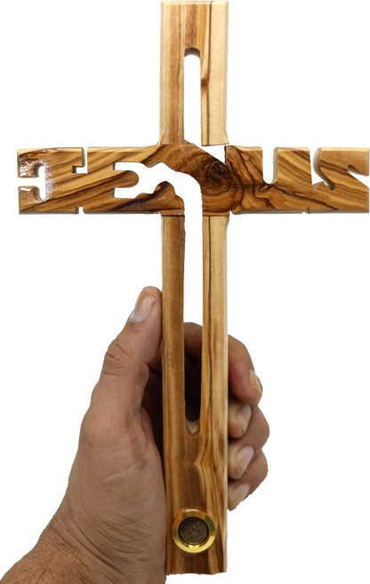 Hand made Olive Wood Jesus Cross with Capsule of Holy Land Earth - Main
