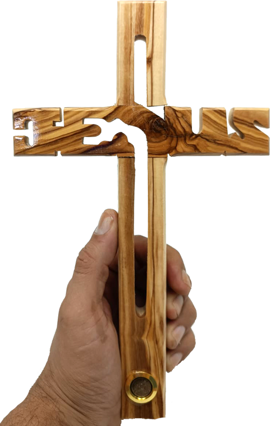 Hand made Olive Wood Jesus Cross with Capsule of Holy Land Earth - Main