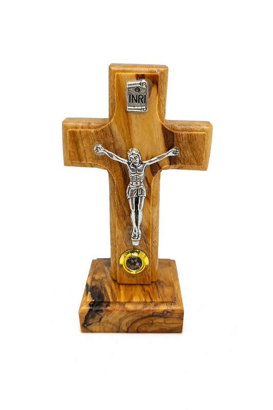 Handmade Olive Wood Crucifix from Bethlehem with Holy Land Relic – INRI Cross with Metal Corpus – Christian Gift (9x6 cm)