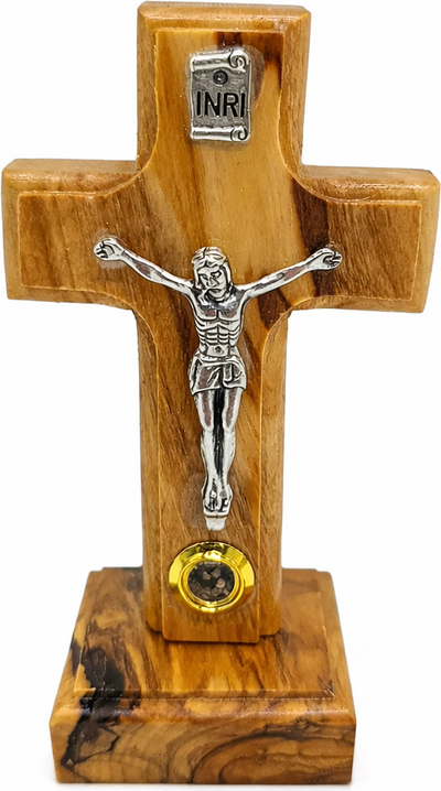 Handmade Olive Wood Crucifix from Bethlehem with Holy Land Relic – INRI Cross with Metal Corpus – Christian Gift (9x6 cm) 4.3 Inches