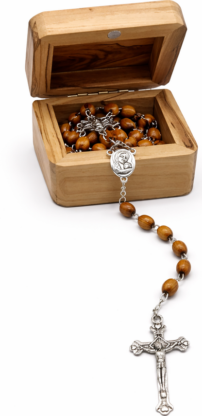 Olive Wood Rosary with Handmade Olive Wood Storage Box, Catholic Prayer Beads with Crucifix & Center Medal, Red Velvet Lined Box, Holy Land Style Gift for Baptism, First Communion & Confirmation, 60 cm