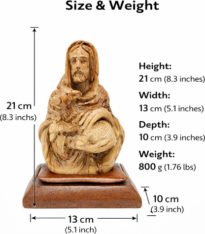 Hand Carved Olive Wood Good Shepherd Statue 8.3” | Handmade Bethlehem Holy Land Christian Sculpture — 8 Inch