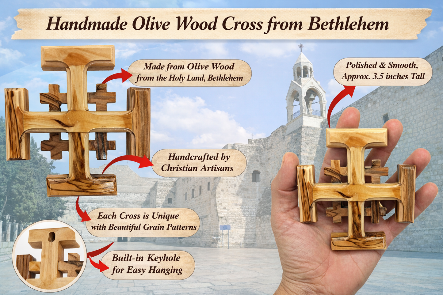 Olive Wood Crusader Jerusalem Cross from Bethlehem