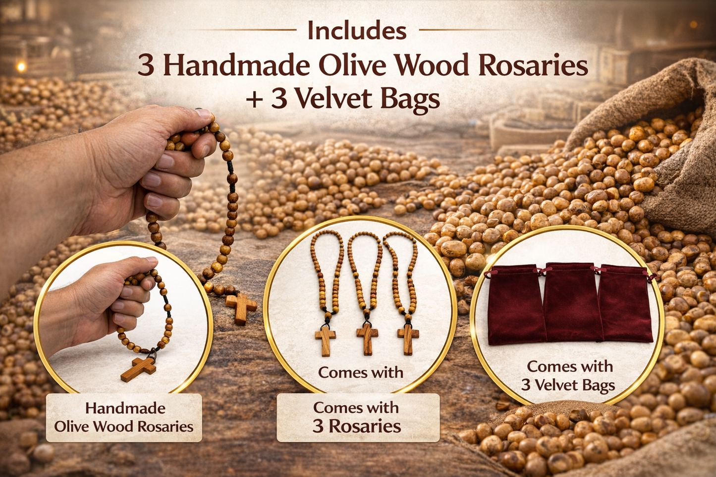 Set of 3 Olive Wood Rosary Beads Handmade in Bethlehem – Catholic Wooden Rosary with Cross – Includes 3 Velvet Bags & 3 Certificates – Holy Land Christian Gift
