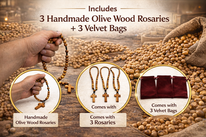 Set of 3 Olive Wood Rosary Beads Handmade in Bethlehem – Catholic Wooden Rosary with Cross – Includes 3 Velvet Bags & 3 Certificates – Holy Land Christian Gift